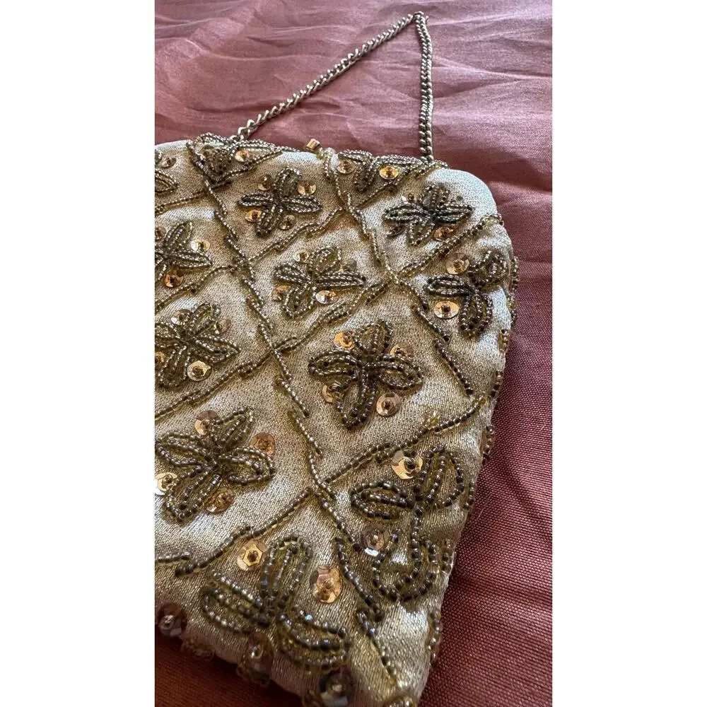 Vintage 1960s Gold Beaded Evening Bag Hong Kong Sequined Clutch Formal 